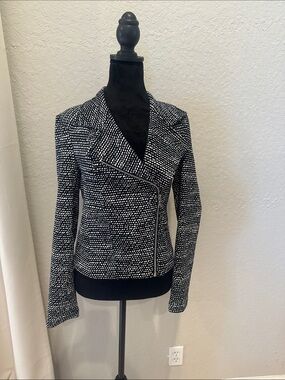 Express Black and White Textured Asymmetrical Zip Blazer